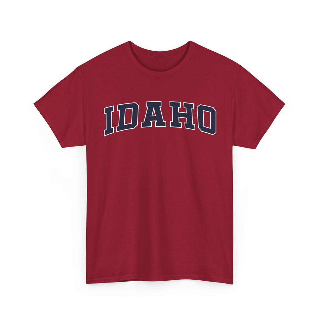 Red t-shirt with 'IDAHO' printed on it against a white background
