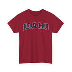 Red t-shirt with 'IDAHO' printed on it against a white background