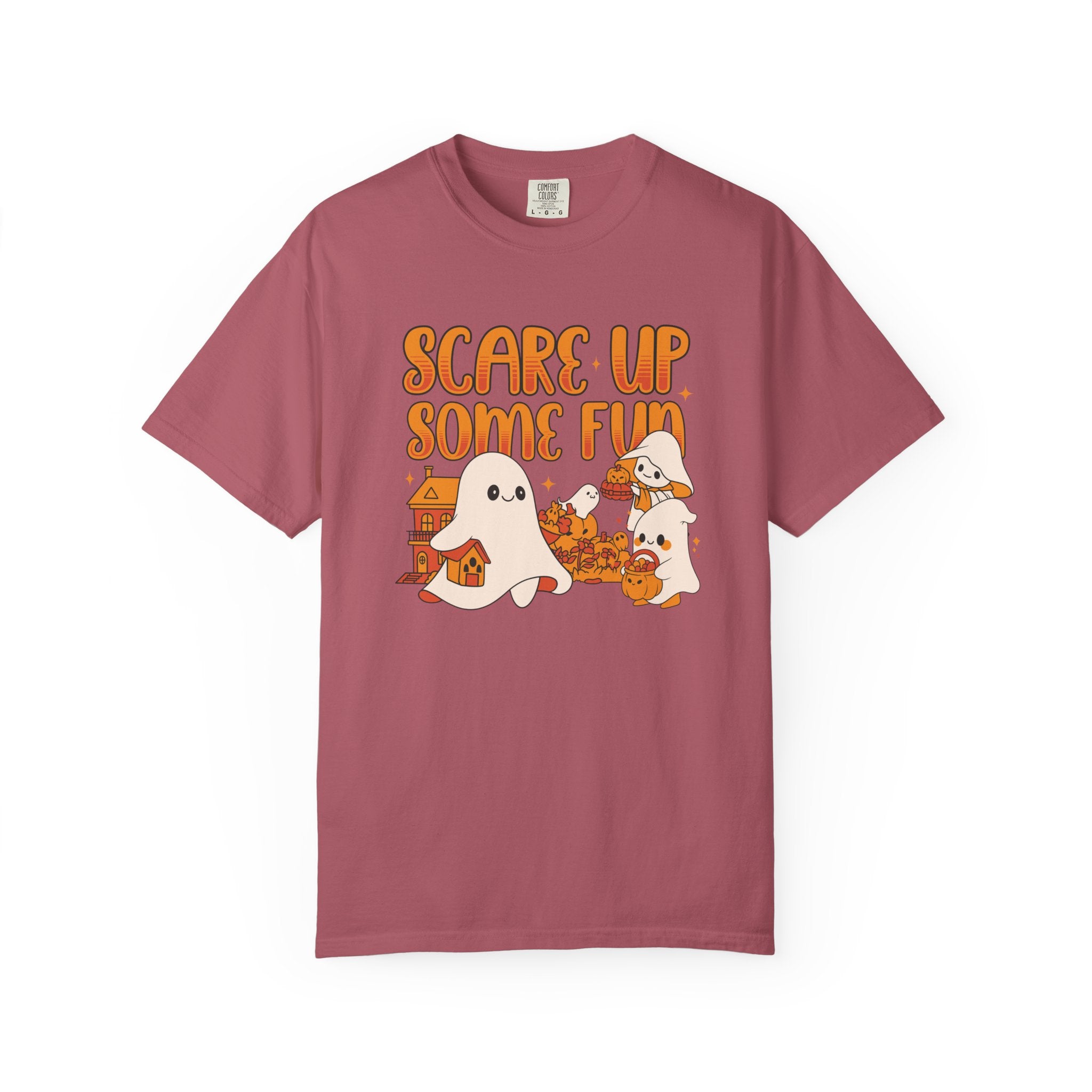 Funny Halloween Ghost T-Shirt: Spooky Pumpkin Design with ’Scare Up Some Fun’ Quote - Crimson / S - T-Shirt