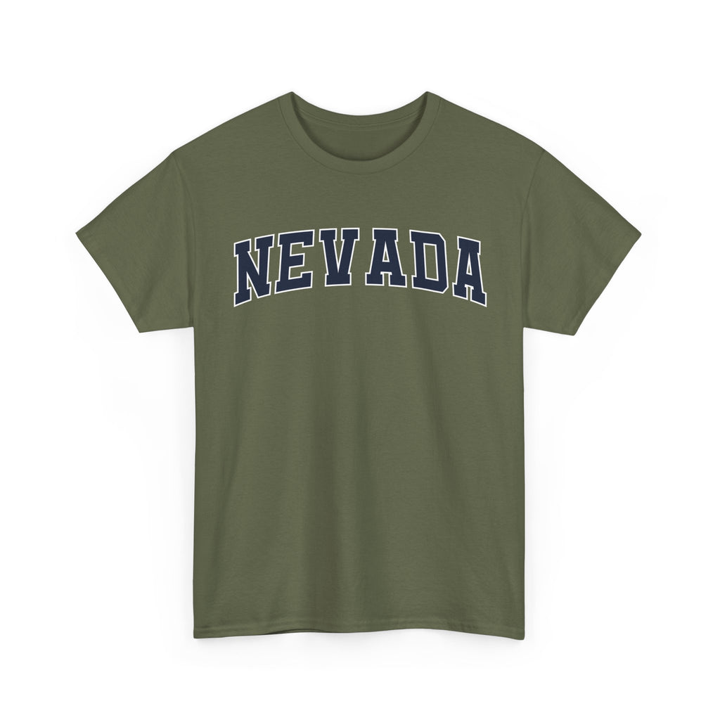 Green t-shirt with 'NEVADA' printed on it against a white background