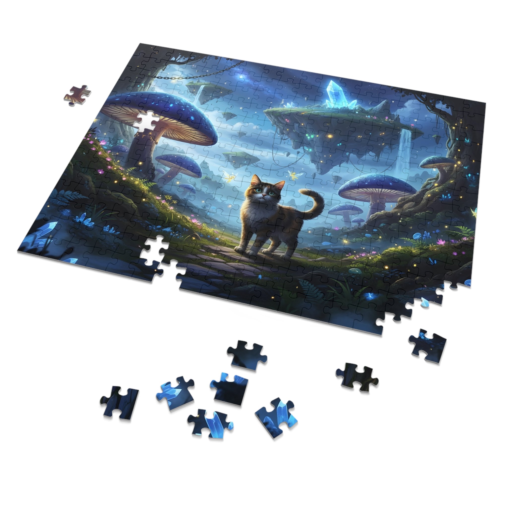 Jigsaw puzzle with a cat and mushroom design on a white background