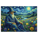 A wise wizard in a pointy hat, his long beard and robes depicted as flowing, swirling patterns of color, sitting in a field of fantastical flowers and a starry night sky, in Van Gogh's art style.