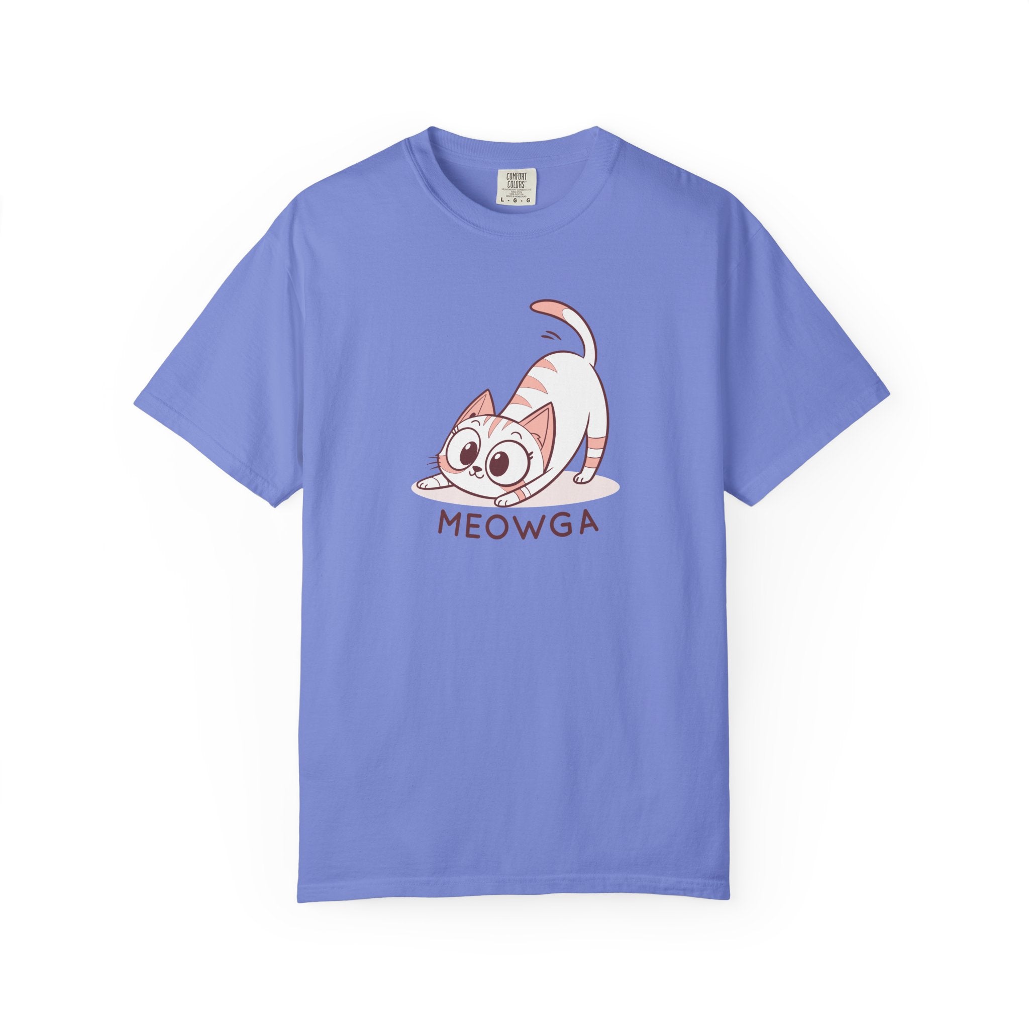 ’Meowga’ Cat Yoga T-Shirt | Cute Kitten Stretch Pose Graphic Tee - Flo Blue / S