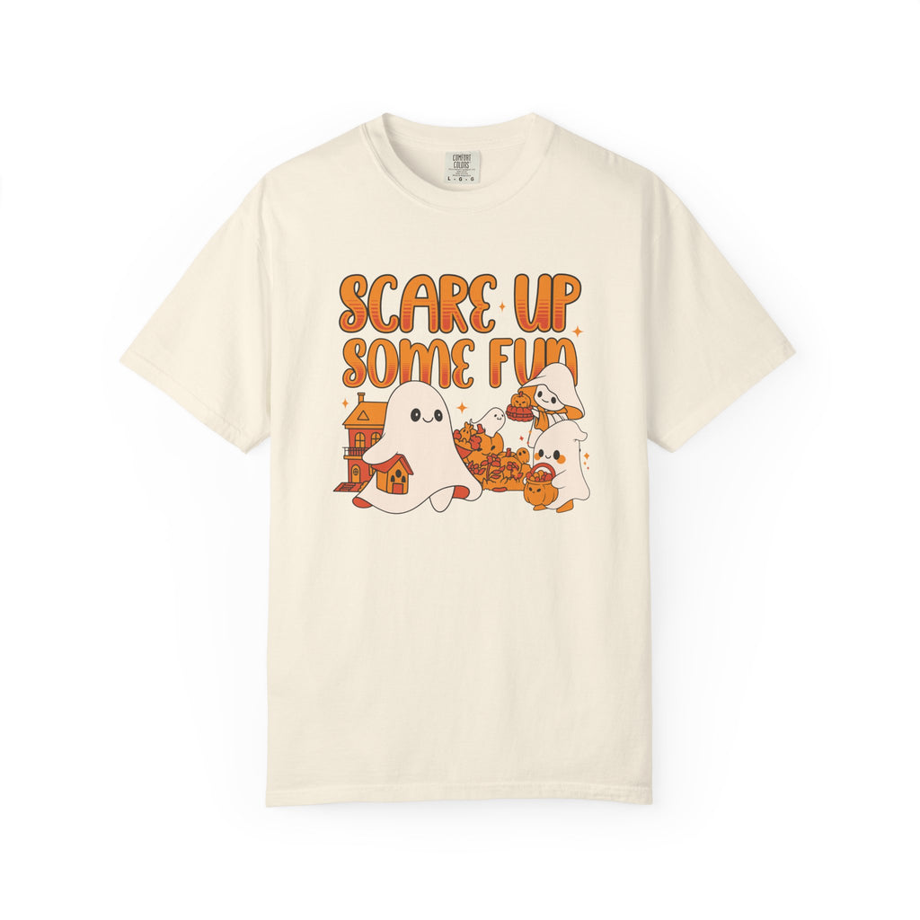 Funny Halloween Ghost T-Shirt: Spooky Pumpkin Design with ’Scare Up Some Fun’ Quote - Ivory / S - T-Shirt
