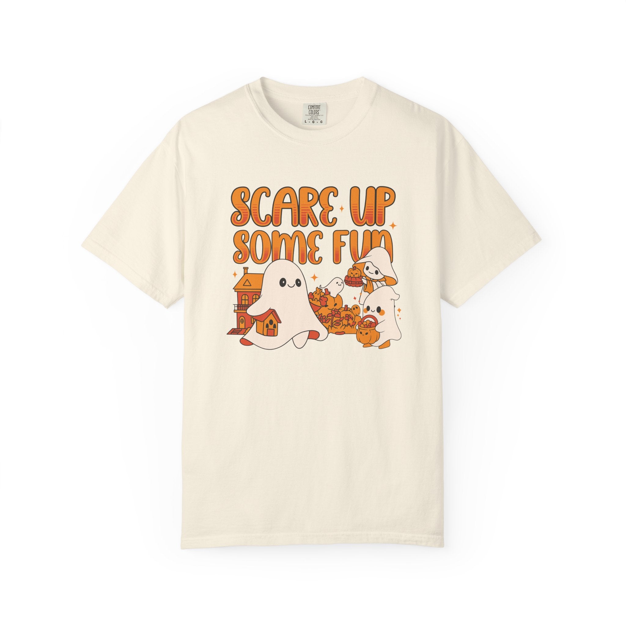 Funny Halloween Ghost T-Shirt: Spooky Pumpkin Design with ’Scare Up Some Fun’ Quote - Ivory / S - T-Shirt