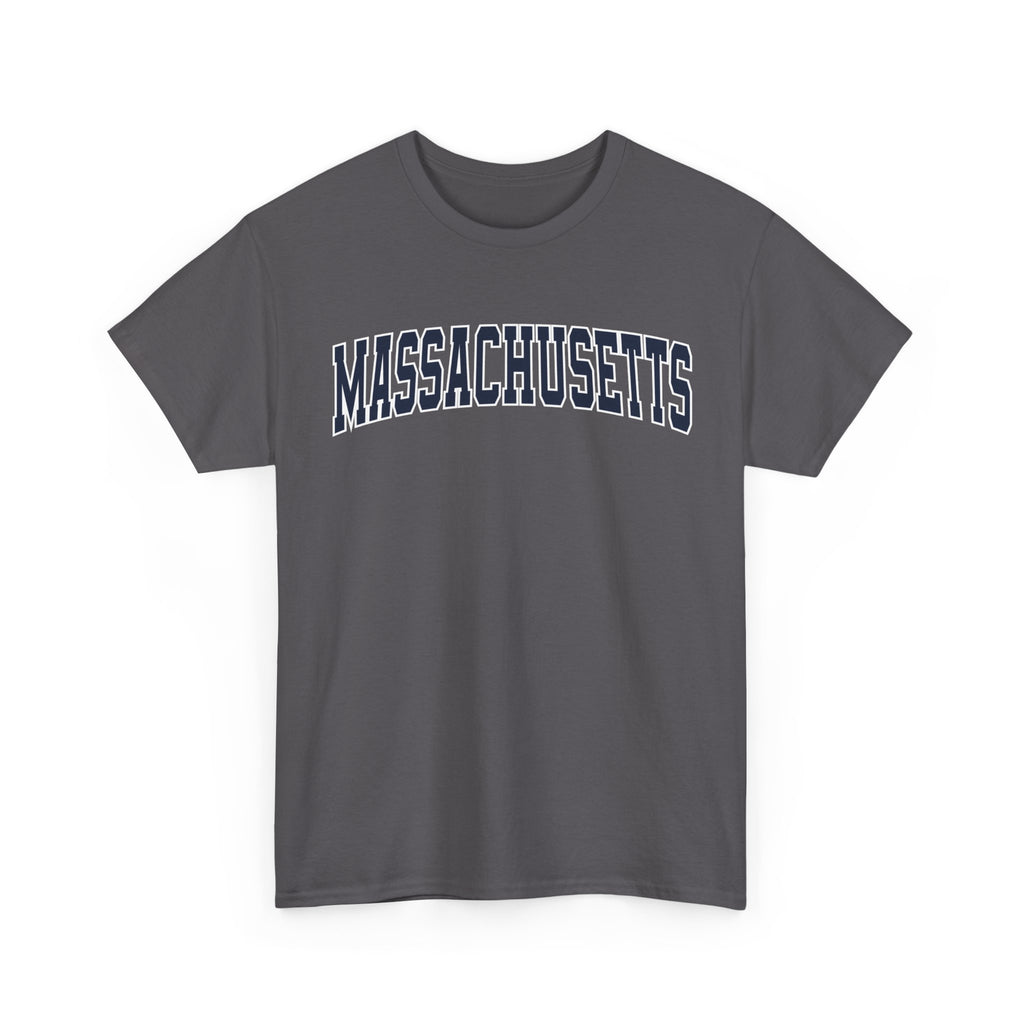 Charcoal t-shirt with 'MASSACHUSETTS' text on a white background