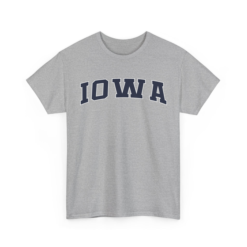 Gray t-shirt with 'IOWA' printed in navy on a white background