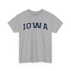 Gray t-shirt with 'IOWA' printed in navy on a white background
