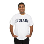 Man wearing a white t-shirt with 'INDIANA' printed on it against a white background