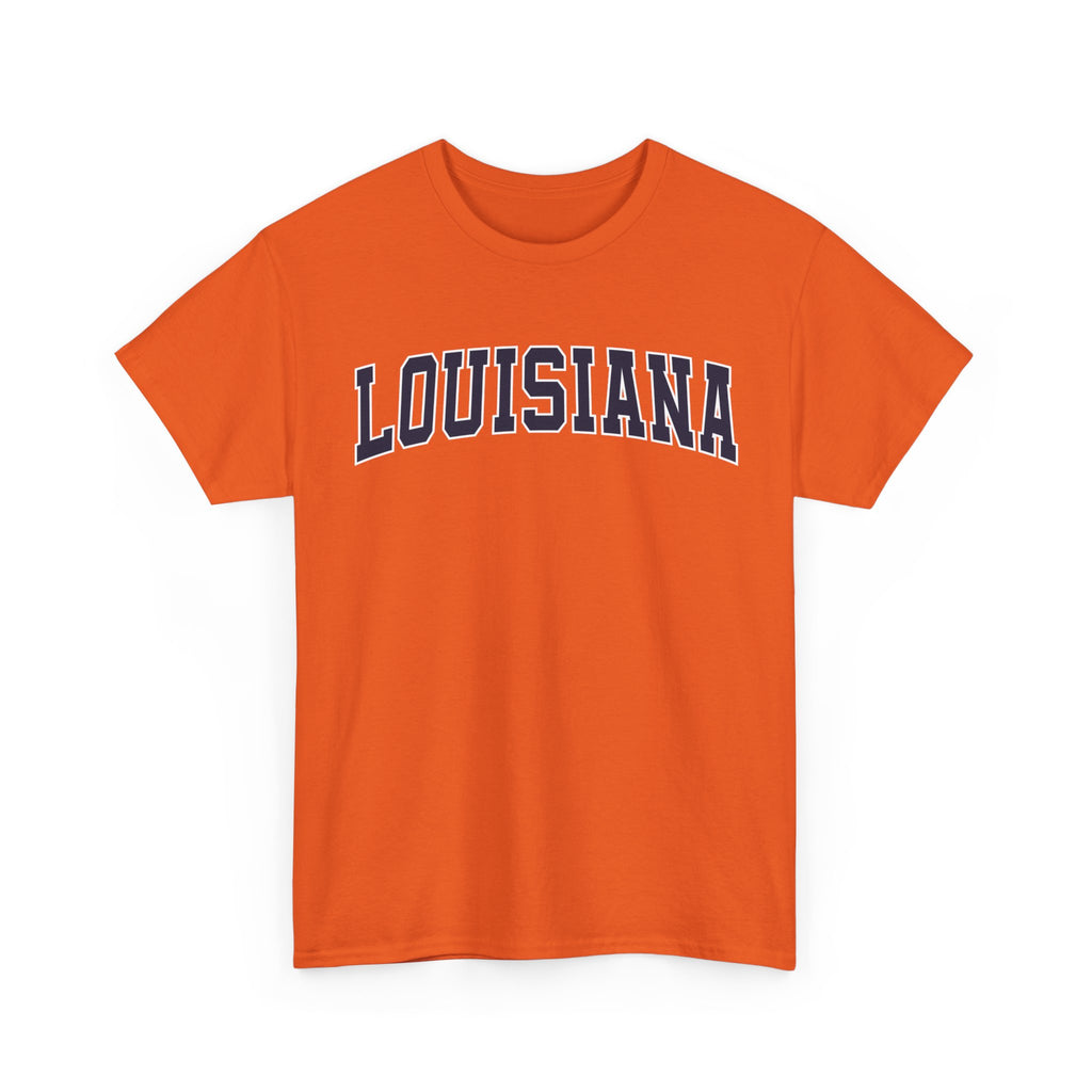 Orange t-shirt with 'LOUISIANA' printed on it against a white background