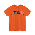Orange t-shirt with 'LOUISIANA' printed on it against a white background