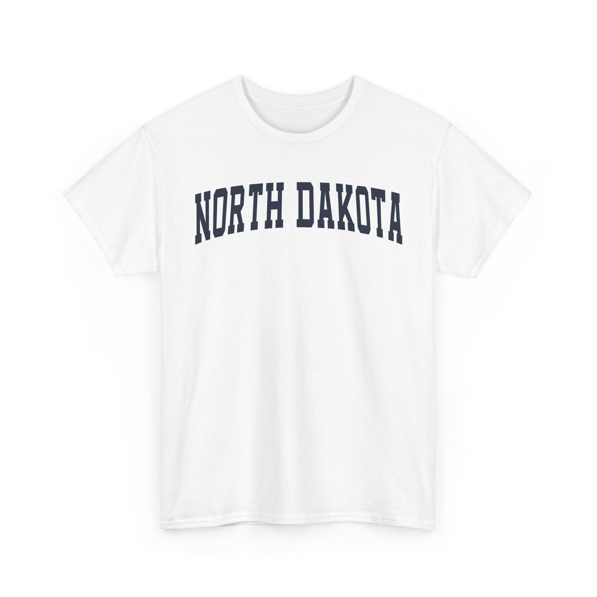 White t-shirt with 'NORTH DAKOTA' text on a white background