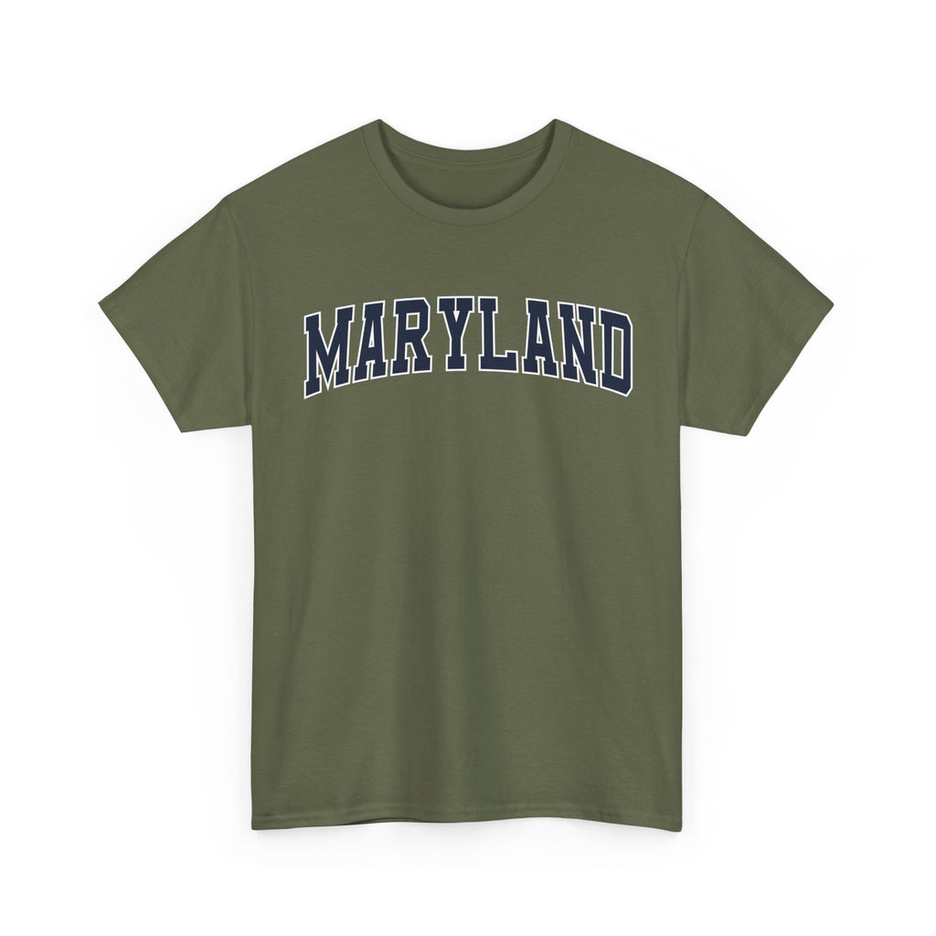 Green t-shirt with 'MARYLAND' text on a white background