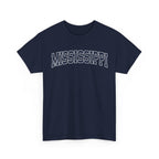 Navy blue t-shirt with 'MISSISSIPPI' printed in white on a white background