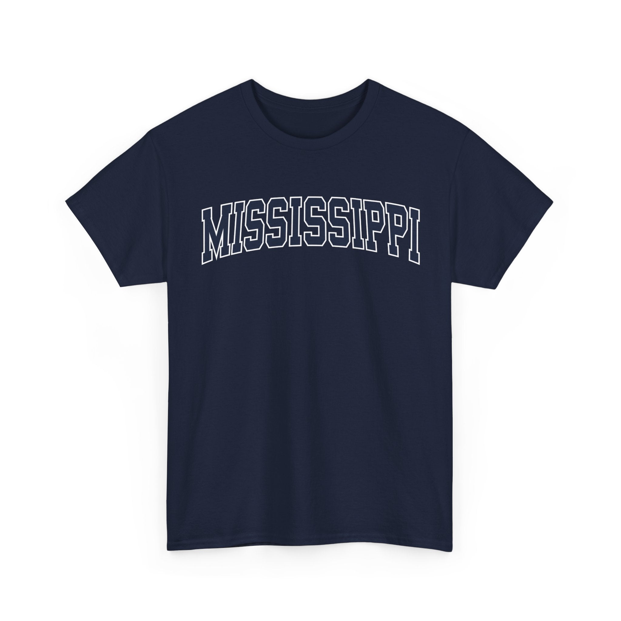 Navy blue t-shirt with 'MISSISSIPPI' printed in white on a white background