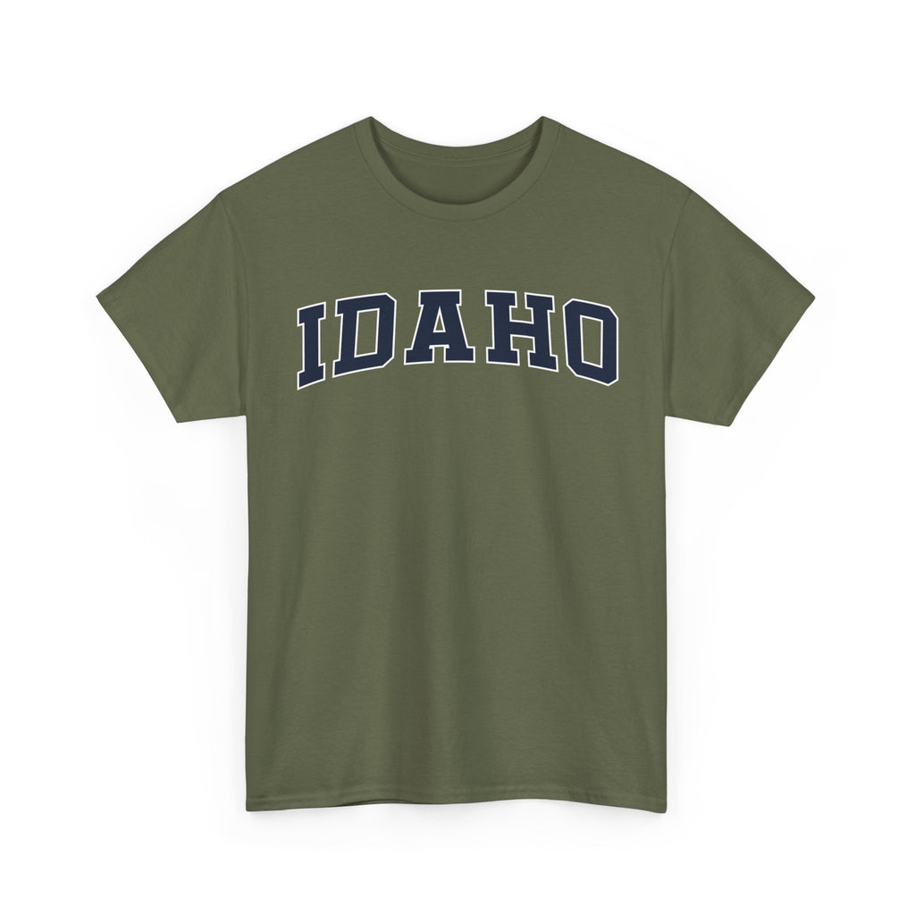 Green t-shirt with 'IDaho' printed on it against a white background