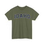 Green t-shirt with 'IDaho' printed on it against a white background