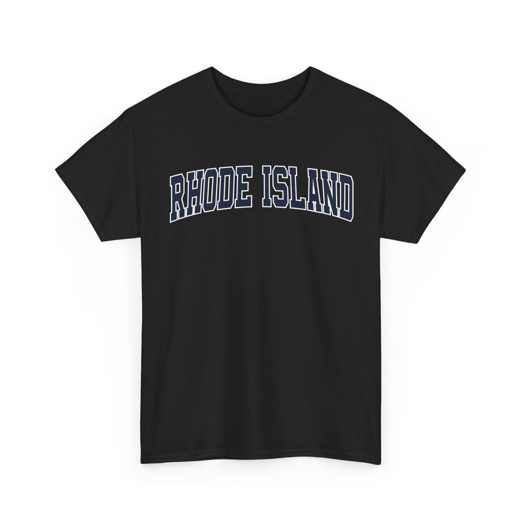 Black t-shirt with 'RHODE ISLAND' text on a white background