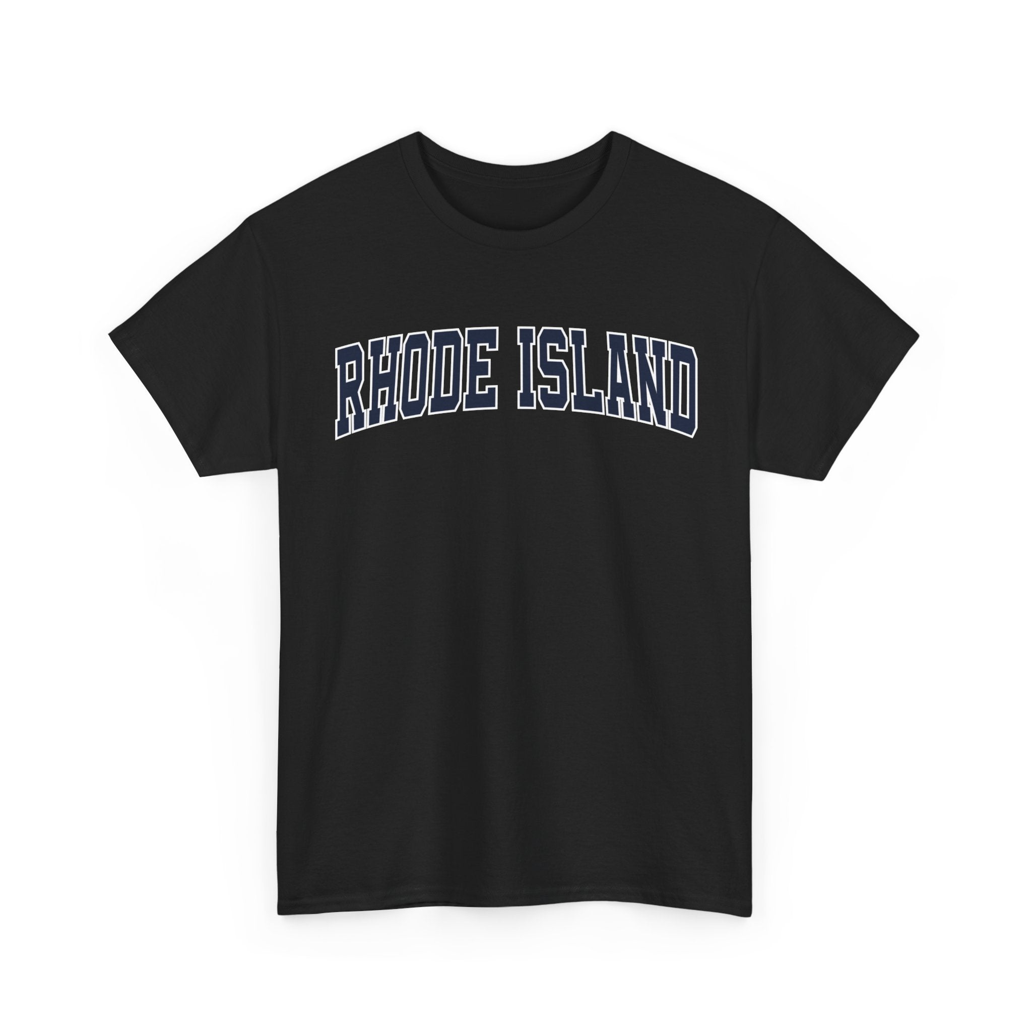 Black t-shirt with 'RHODE ISLAND' text on a white background
