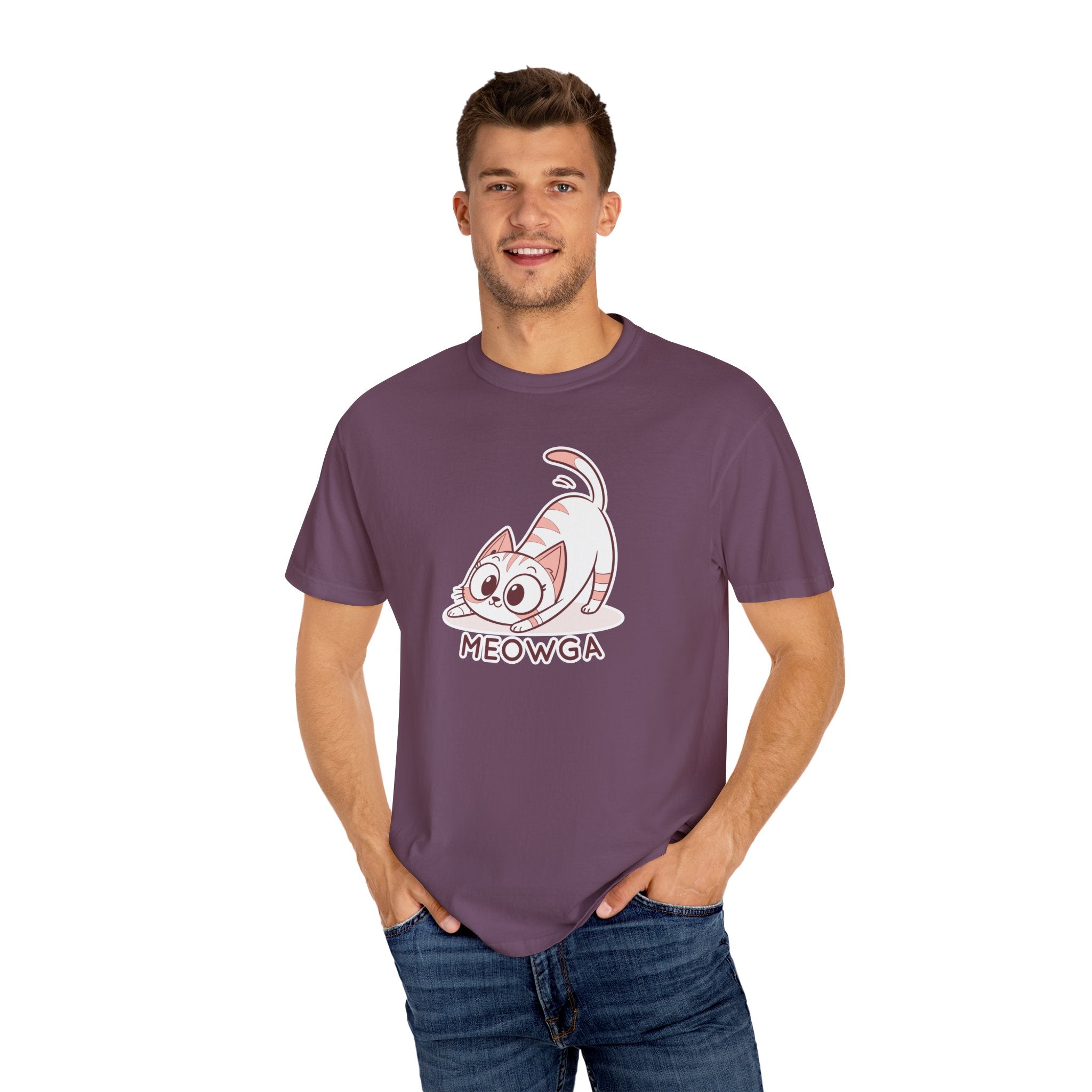 ’Meowga’ Cat Yoga T-Shirt | Cute Kitten Stretch Pose Graphic Tee