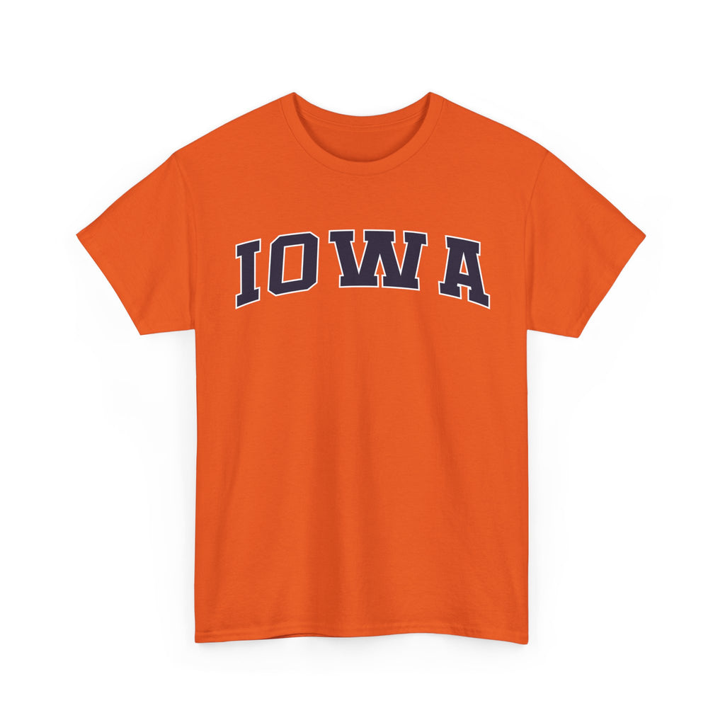 Orange t-shirt with 'IOWA' printed on it against a white background