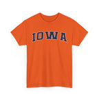 Orange t-shirt with 'IOWA' printed on it against a white background