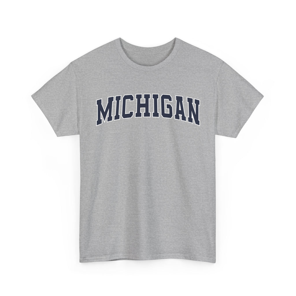 Gray t-shirt with 'MICHIGAN' text on a white background