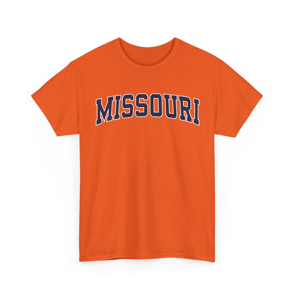Orange t-shirt with 'MISSOURI' printed on it against a white background