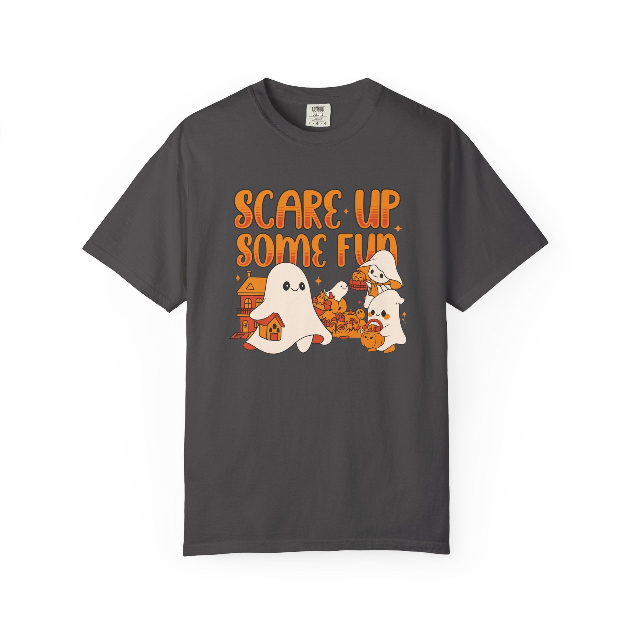 Funny Halloween Ghost T-Shirt: Spooky Pumpkin Design with ’Scare Up Some Fun’ Quote - Graphite / S - T-Shirt