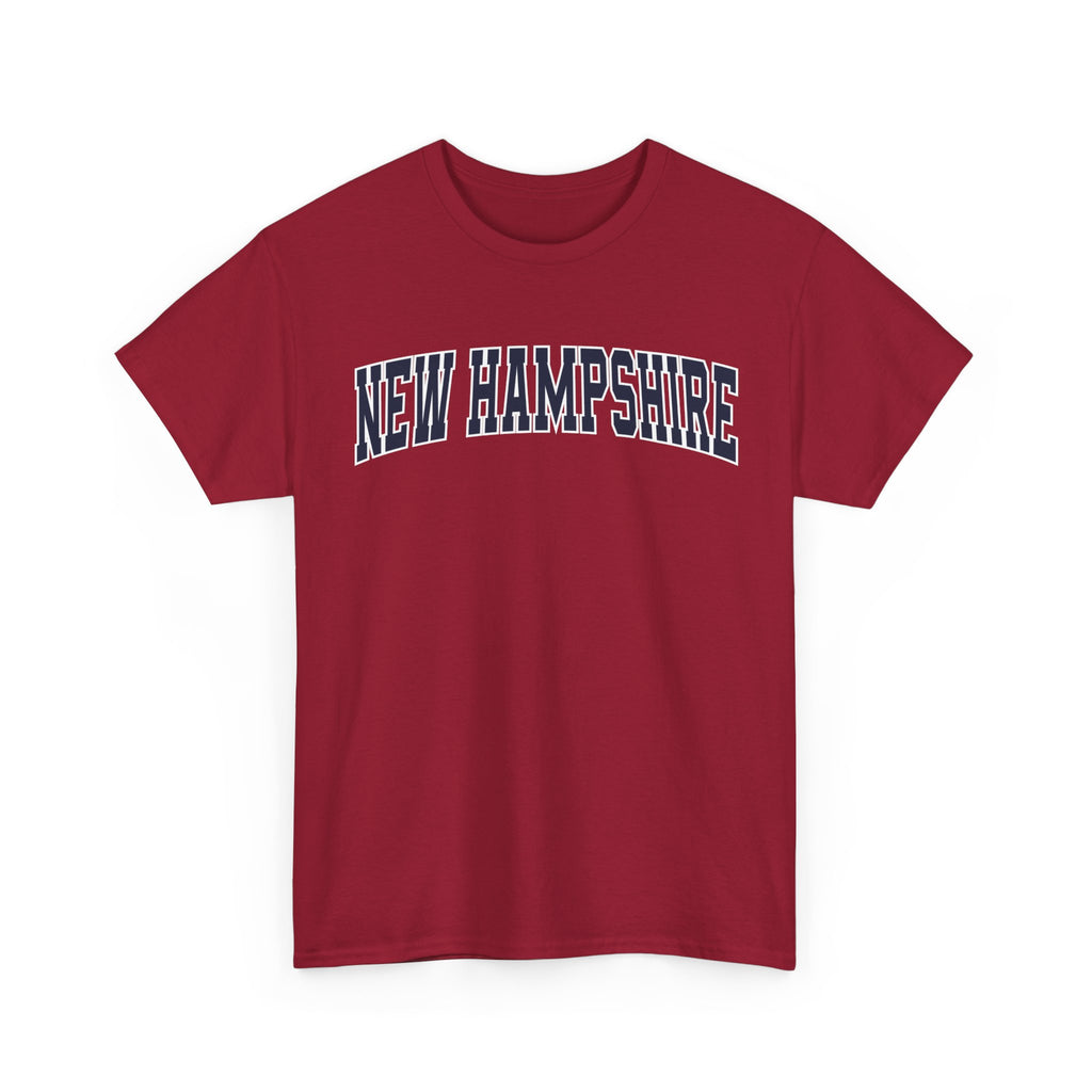 Red t-shirt with 'NEW HAMPSHIRE' text on a white background