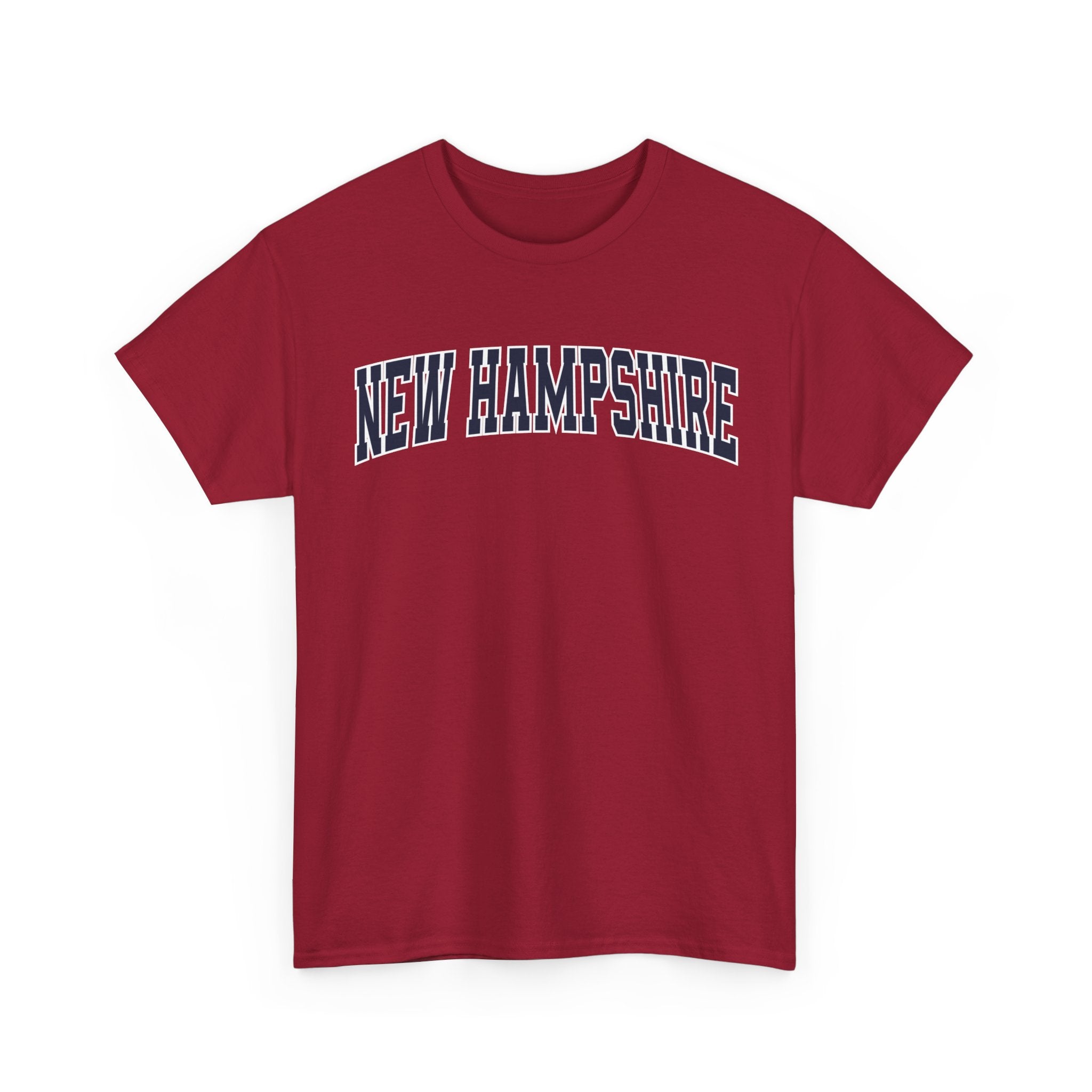 Red t-shirt with 'NEW HAMPSHIRE' text on a white background