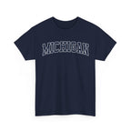 Navy blue t-shirt with 'MICHIGAN' text on a white background