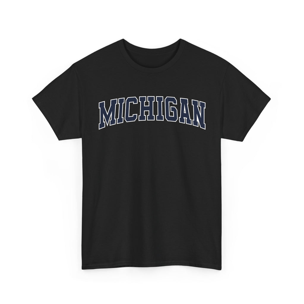 Black t-shirt with 'MICHIGAN' text on a white background