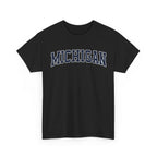 Black t-shirt with 'MICHIGAN' text on a white background
