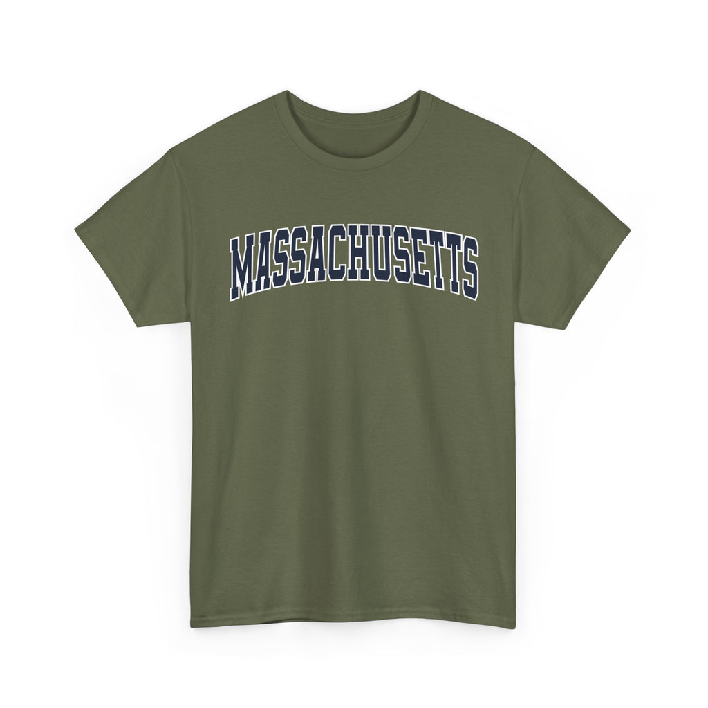 Green t-shirt with 'MASSACHUSETTS' text on a white background