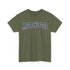 Green t-shirt with 'MASSACHUSETTS' text on a white background