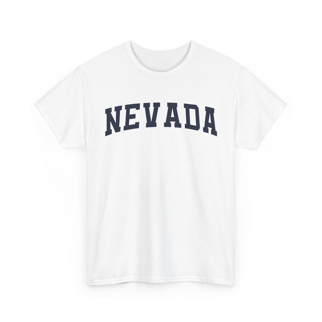 White t-shirt with 'NEVADA' printed on a white background