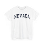 White t-shirt with 'NEVADA' printed on a white background