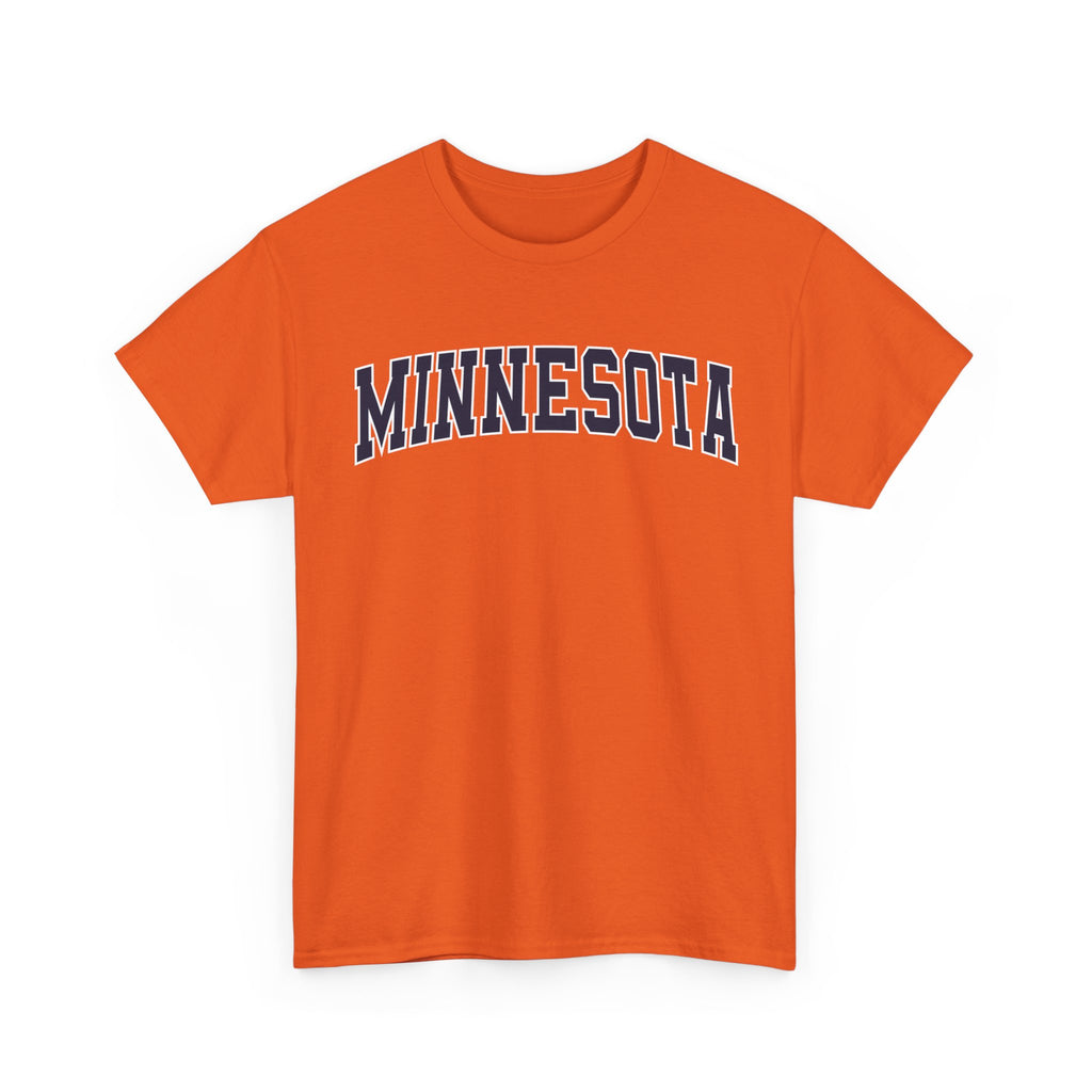 Orange t-shirt with 'MINNESOTA' text on a white background