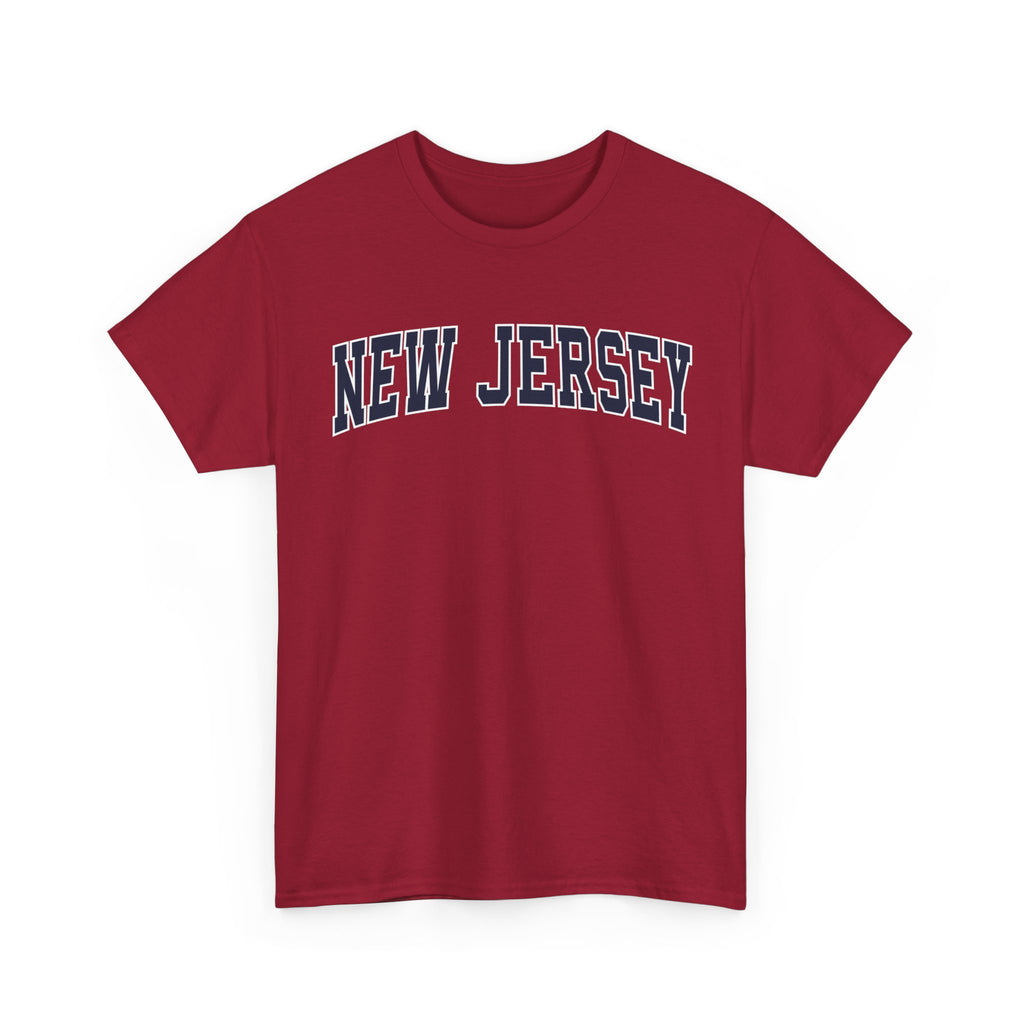 Red t-shirt with 'NEW JERSEY' text on a white background