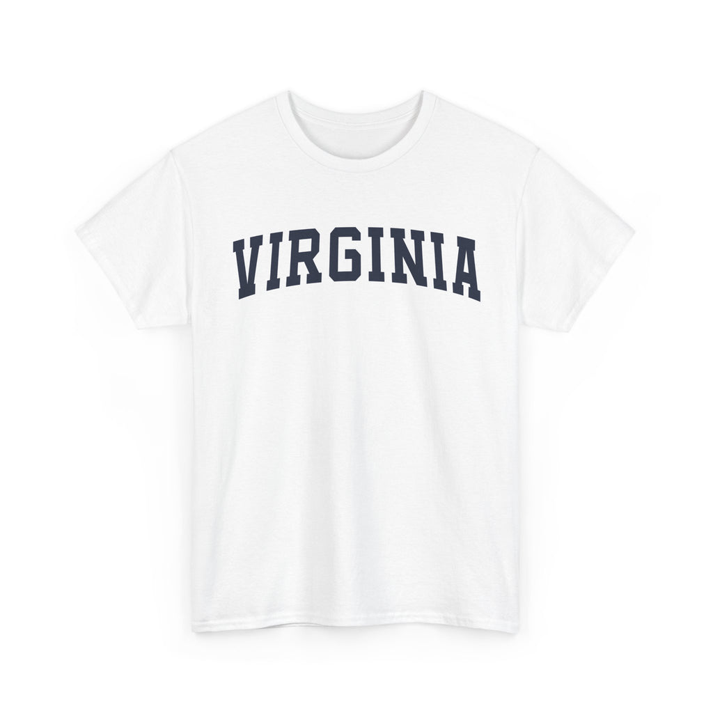 White t-shirt with 'Virginia' printed on it against a white background