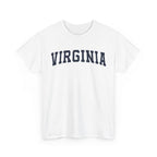White t-shirt with 'Virginia' printed on it against a white background