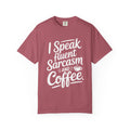 ’I Speak Fluent Sarcasm & Coffee’ T-Shirt | Funny Sarcastic Quote Tee for Coffee Lovers - Crimson / S