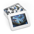 Jigsaw puzzle set with a tin containing a completed puzzle piece and a colorful illustration of a cat and mushrooms.