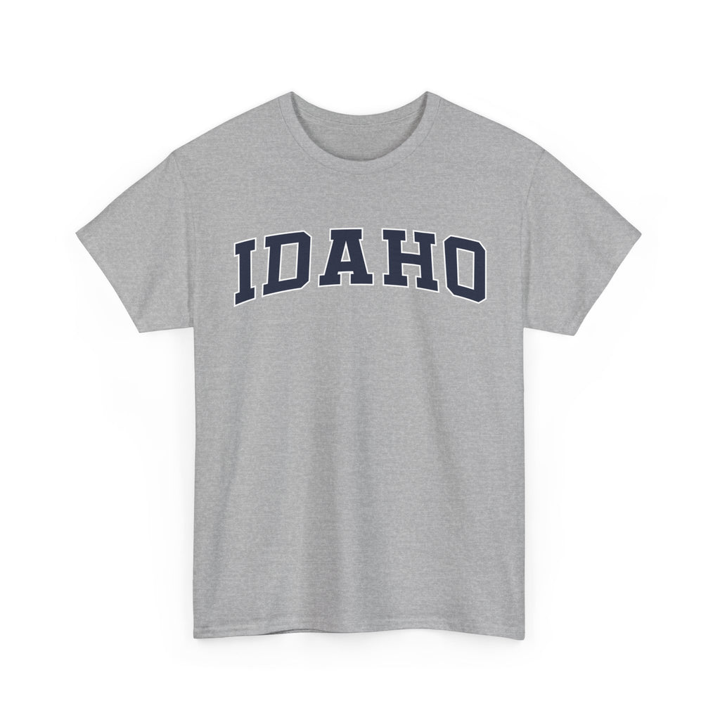 Gray t-shirt with 'IDaho' printed on a white background