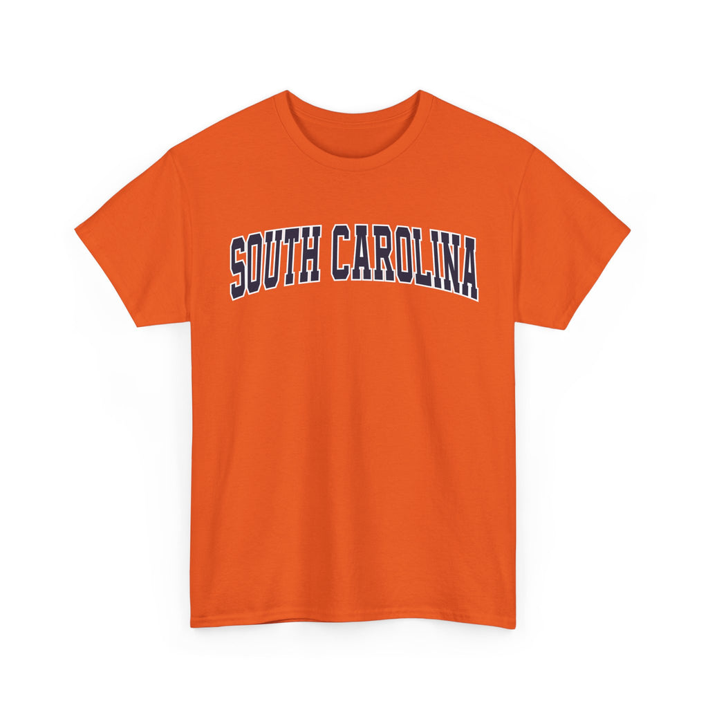 Orange t-shirt with 'SOUTH CAROLINA' text on a white background