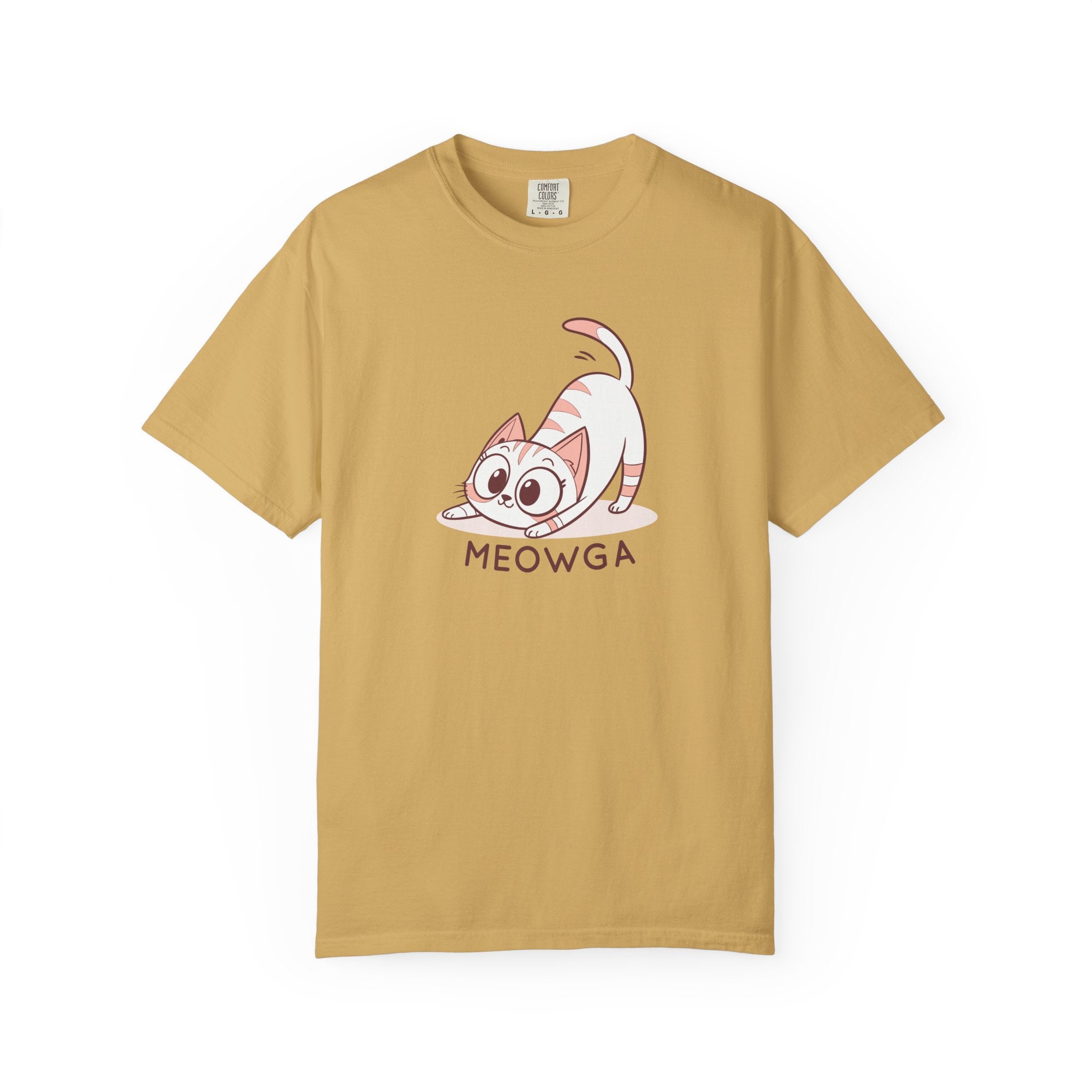 ’Meowga’ Cat Yoga T-Shirt | Cute Kitten Stretch Pose Graphic Tee - Mustard / S