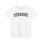 White t-shirt with 'VERMONT' printed on a white background