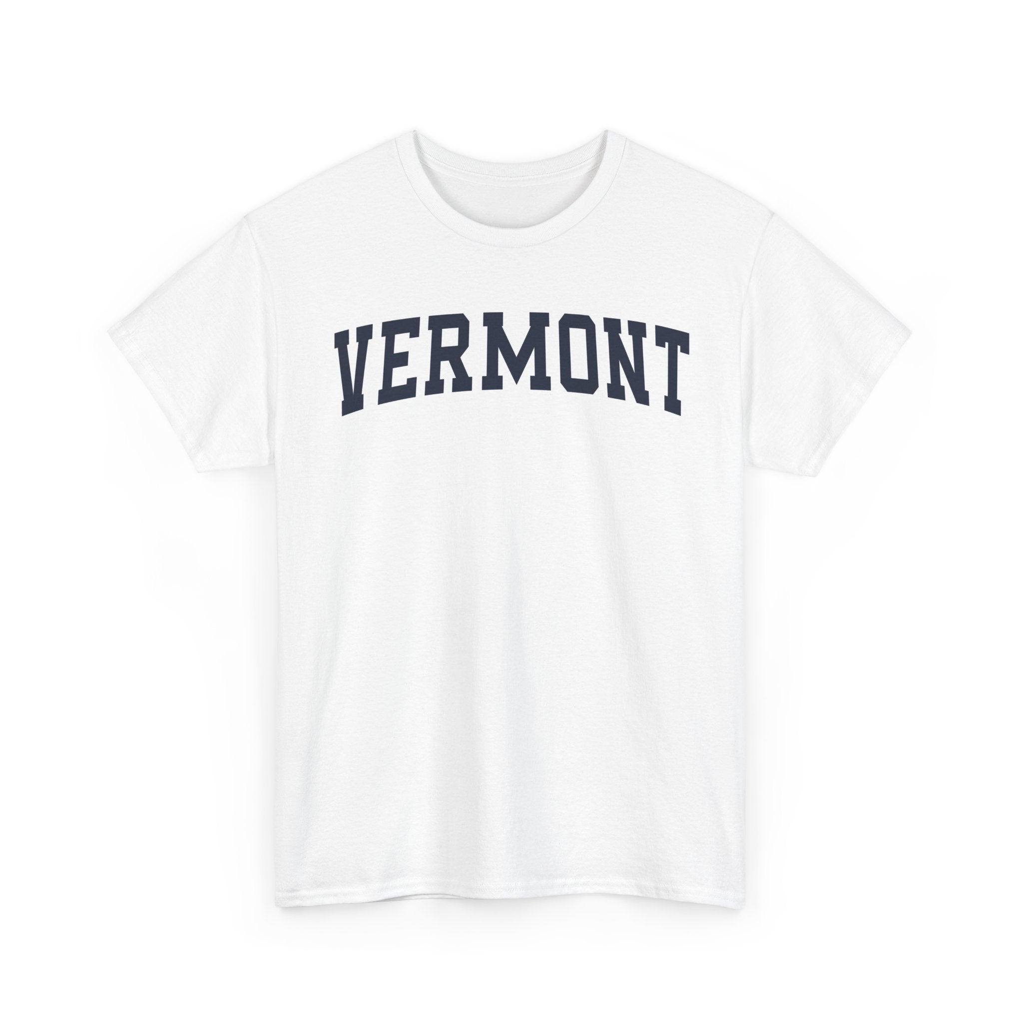 White t-shirt with 'VERMONT' printed on a white background