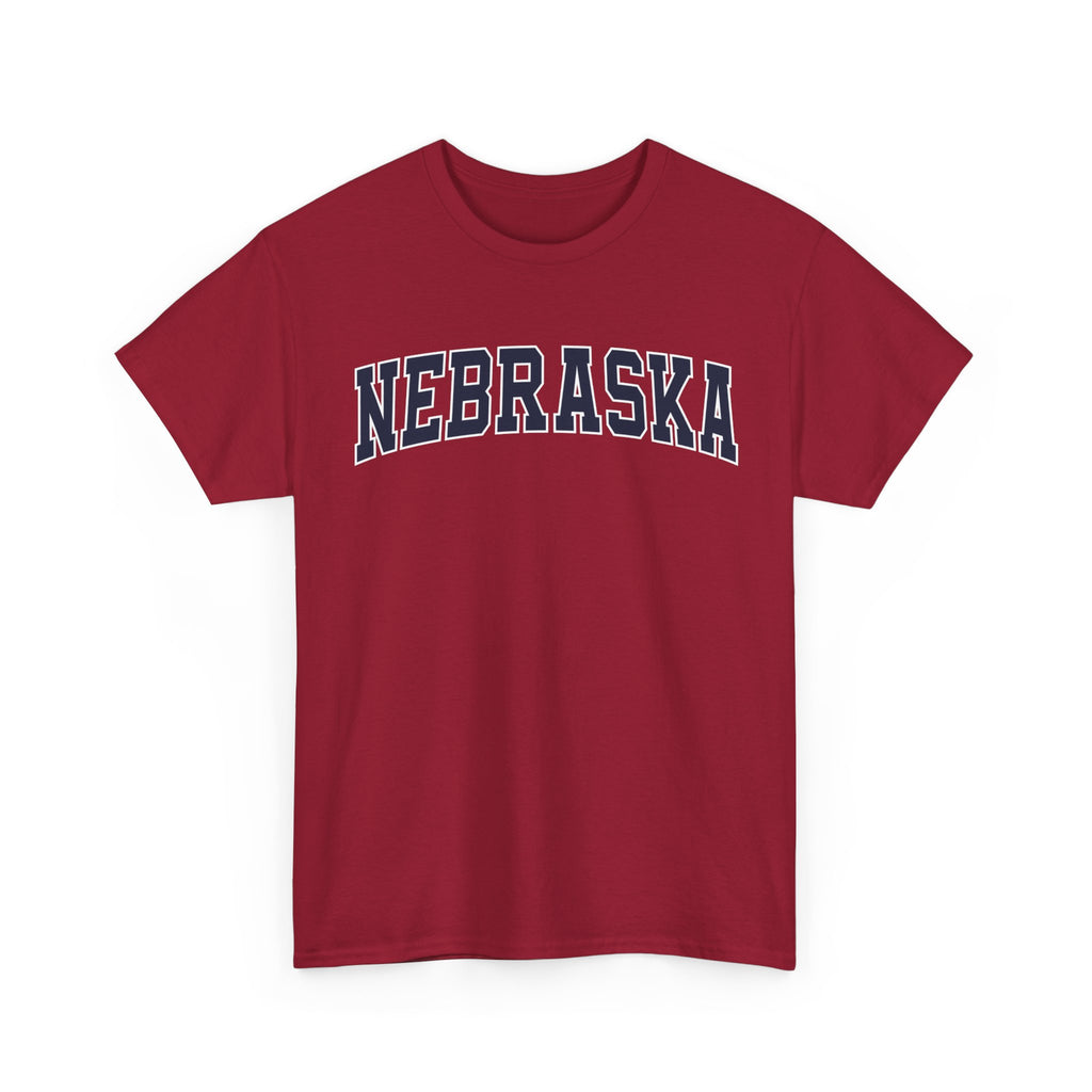 Red t-shirt with 'NEBRASKA' printed on a white background